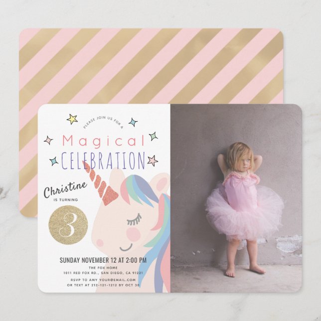 Magical Unicorn Pink x Gold Girl Photo Birthday Invitation (Front/Back)