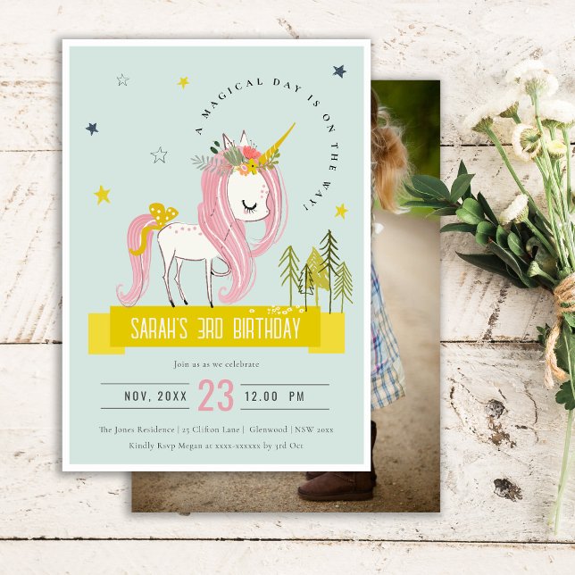 Magical Unicorn Pink Yellow Kids Photo Birthday Invitation (Creator Uploaded)