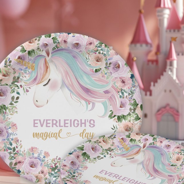 Magical Unicorn Purple Flower 1st birthday Paper Plate (Creator Uploaded)