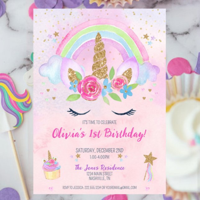 Magical Unicorn Rainbow 1st Birthday Invitation (Pink Magical Unicorn Rainbow 1st Birthday Party Invitation, Pastel Unicorn Party, Girl Birthday)