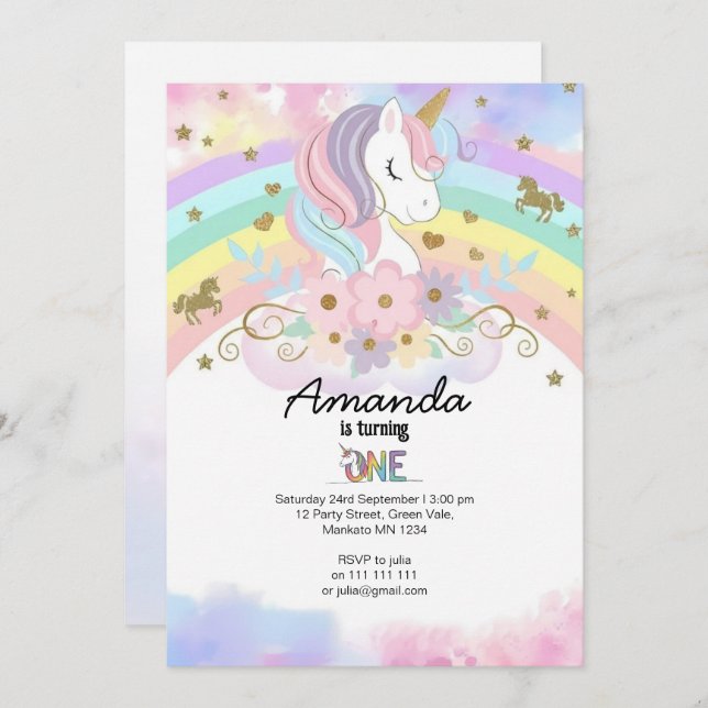 Magical Unicorn Rainbow 1st Birthday Invitation (Front/Back)
