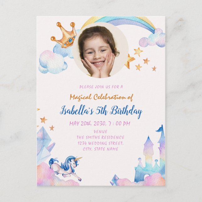 Magical Unicorn Rainbow 5th Birthday  Invitation Postcard (Front)