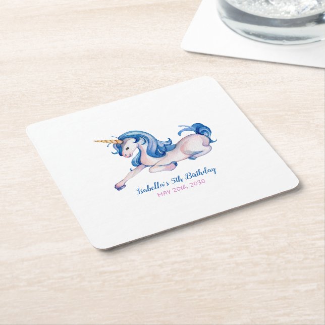 Magical Unicorn Rainbow 5th Birthday Party Square Paper Coaster (Angled)