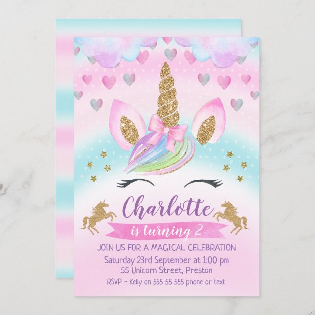 Magical Unicorn Rainbow  Birthday Invitation (Front/Back)