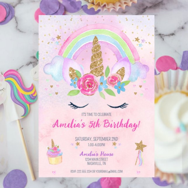 Magical Unicorn Rainbow Birthday Invitation (Pink Magical Unicorn Rainbow 5th Birthday Invitation )