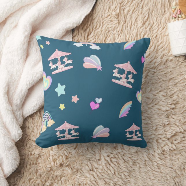 Magical Unicorn rainbow carousel pattern birthday  Cushion (Blanket)