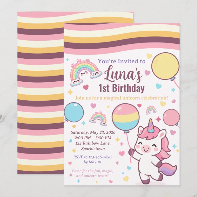Magical Unicorn & Rainbow Girl 1st Birthday party Invitation (Front/Back)