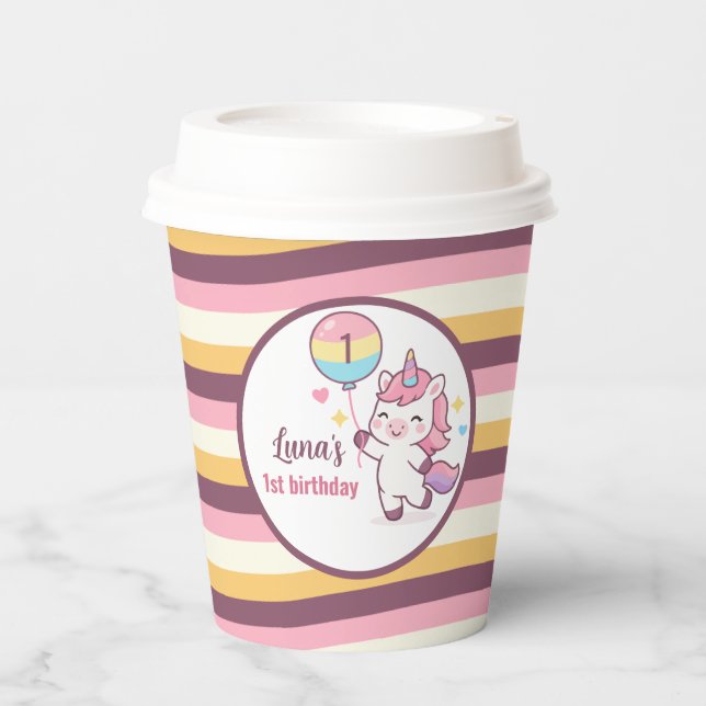 Magical Unicorn & Rainbow Girl 1st Birthday party  Paper Cups (Front)