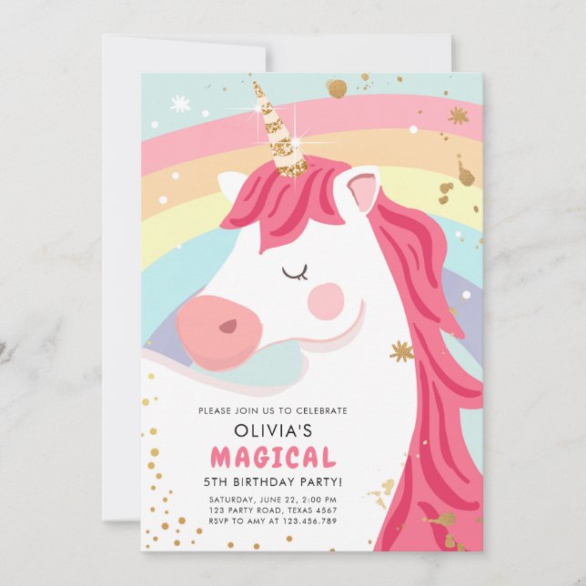 Magical Unicorn Rainbow Girl Birthday Invitation (Front)
