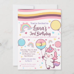 Magical Unicorn & Rainbow Girl Third Birthday Invitation