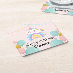 Magical Unicorn rainbow gradient birthday party Square Paper Coaster