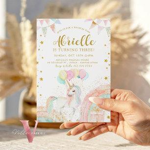 Magical Unicorn Rainbow Pastel Gold Glitter Bday Invitation