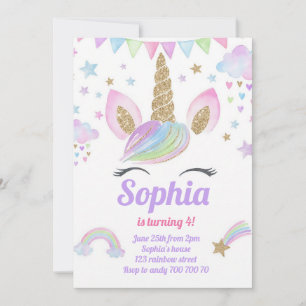 Magical Unicorn Rainbow Pastel Pink Birthday Invitation