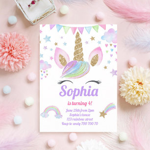 Magical Unicorn Rainbow Pastel Pink Birthday Invitation