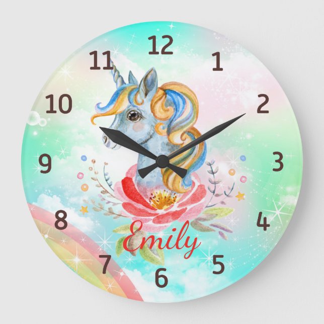 Magical Unicorn Rainbow Personalised Wall Clock (Front)