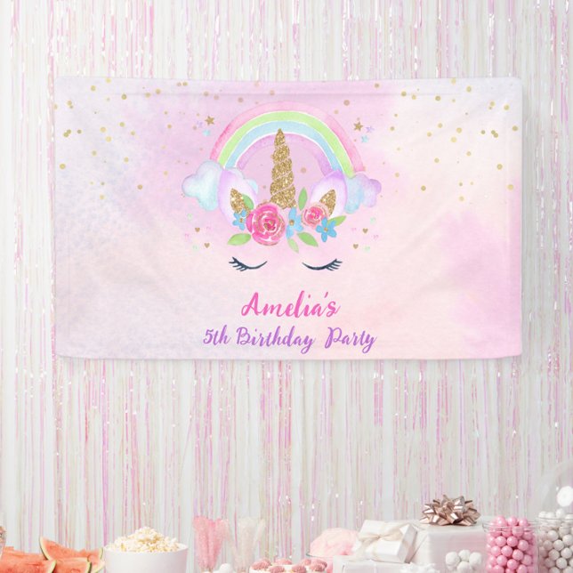 Magical Unicorn Rainbow Pink Birthday Banner (Pink Magical Unicorn Rainbow Birthday Banner)
