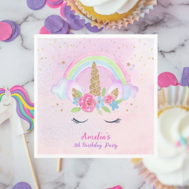 Magical Unicorn Rainbow Pink Birthday Napkin (Pink Magical Unicorn Rainbow Birthday Napkins)
