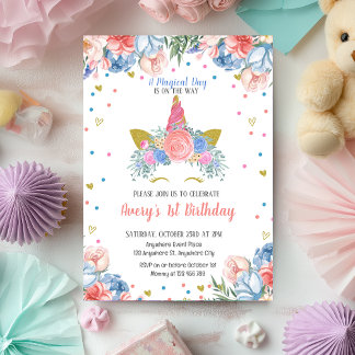 Magical Unicorn Rainbow Pink Floral Birthday  Invitation