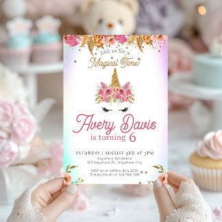 Magical Unicorn Rainbow Pink Floral Birthday  Invitation