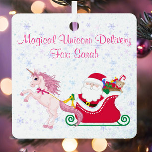 Magical Unicorn Santa Sleigh Add Girl's Name Metal Tree Decoration