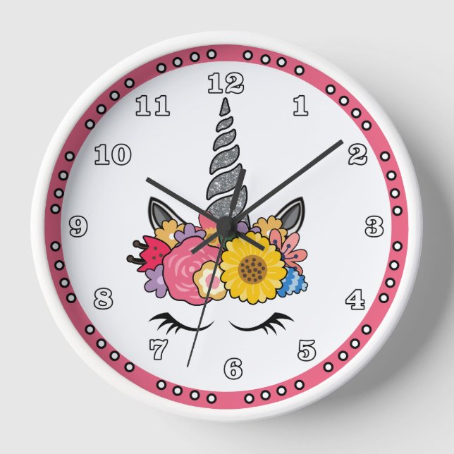 Magical Unicorn Silver Glitter Horn and Flowers  Clock (Front)