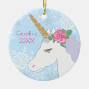 Magical Unicorn Silver Glitter Snowflakes Ceramic Tree Decoration