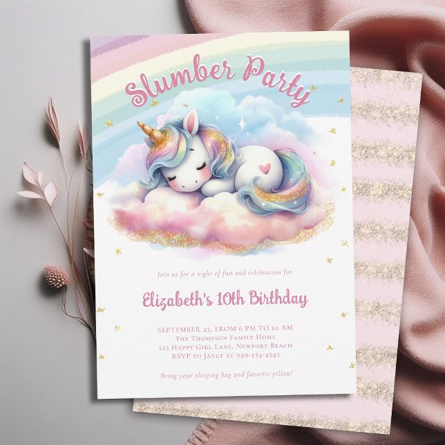 Magical Unicorn Slumber Pajama Party Girl Birthday Invitation (magical unicorn child girls slumber pajama pj sleepover party invitation teal pink purple gold)