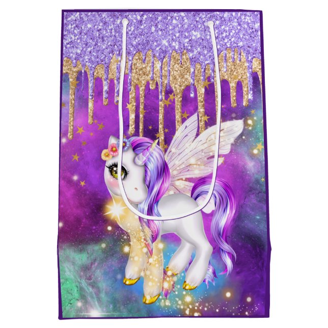 Magical unicorn space glitter galaxy sparkle girls medium gift bag (Back)
