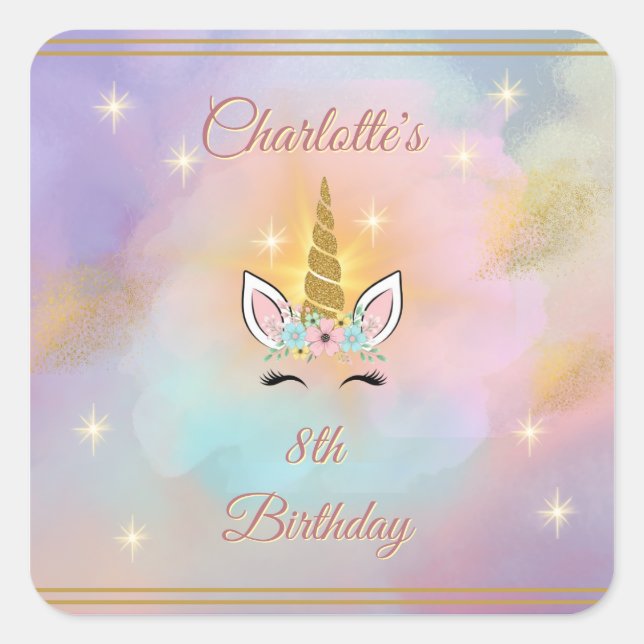 Magical Unicorn Square Stickers | Party Favour (Front)