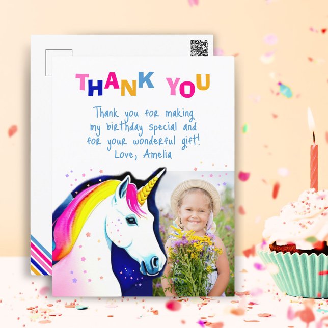 Magical Unicorn Star Girl Photo Birthday Thank you Postcard (Creator Uploaded)