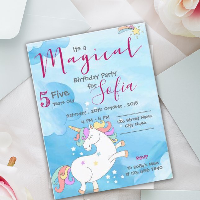 Magical Unicorn Themed Blue Sparkle Birthday Party Holiday Postcard (Magical Unicorn Themed Blue Sparkle Birthday Party Holiday Postcard)