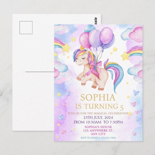 Magical Unicorns Purple Watercolor Birthday Party Postcard (Front/Back)