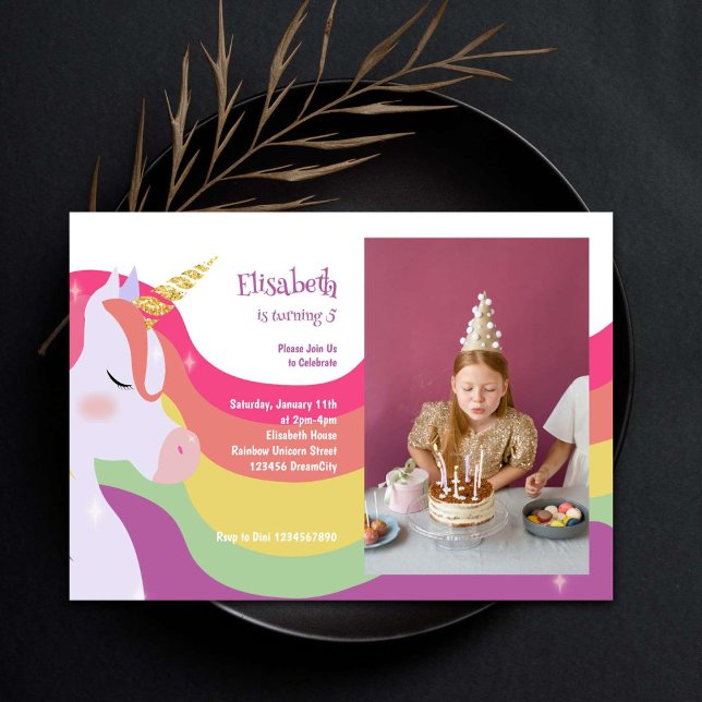 Magical Vibrant Rainbow Unicorn Birthday Photo Invitation (Creator Uploaded)