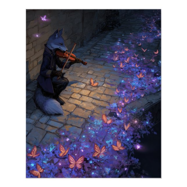 Magical Violin Fox with Glowing Butterflies Art Poster (Front)