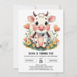 Magical Watercolor Cute Cow Birthday Invitation