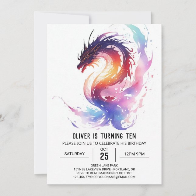 Magical Watercolor Dragon Birthday Invitation (Front)