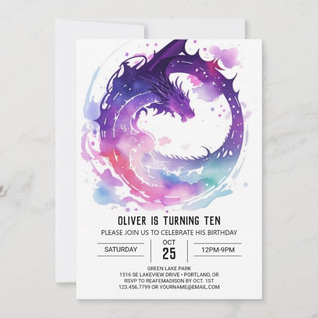 Magical Watercolor Dragon Birthday Invitation (Front)