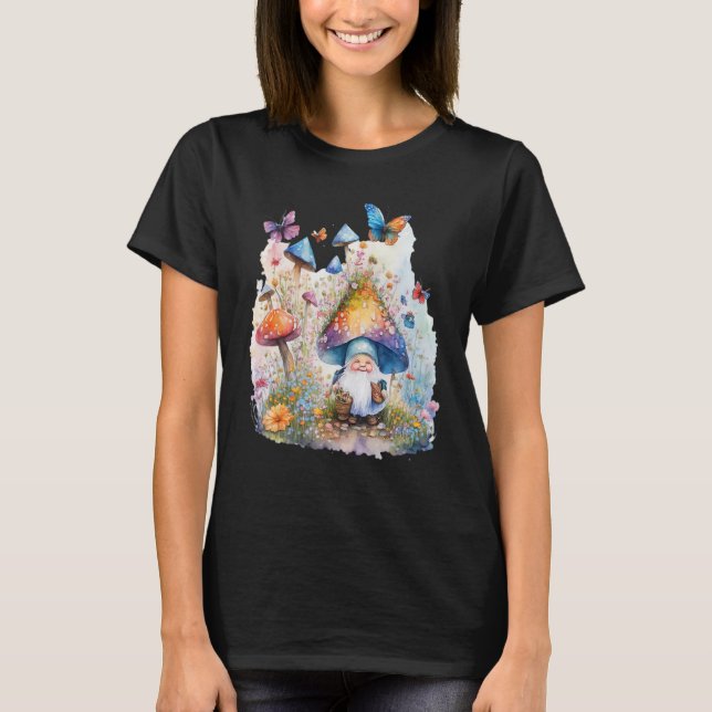Magical Watercolor Mushrooms Garden with Gnome & B T-Shirt (Front)