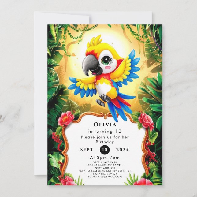 Magical Watercolor Parrot Birthday Invitation (Front)