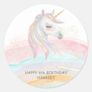 Magical Watercolor  Rainbow Unicorn Birthday Classic Round Sticker