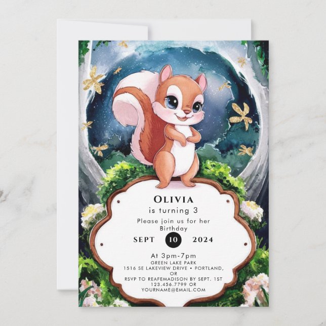 Magical Watercolor Squirrel Birthday Invitation (Front)