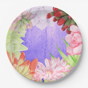Magical Watercolor Succulents Purple Paper Plate
