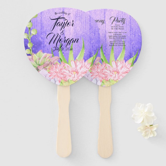 Magical Watercolor Succulents Purple Wedding Hand Fan (Front and Back)