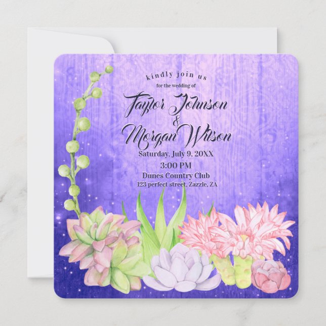 Magical Watercolor Succulents Purple Wedding Invitation (Front)