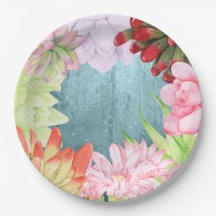 Magical Watercolor Succulents teal-blue Paper Plate