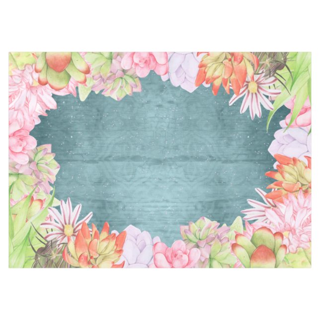 Magical Watercolor Succulents teal Tablecloth (Front (Horizontal))