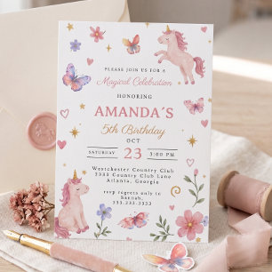 Magical Watercolor Unicorn Floral 5th Birthday Invitation