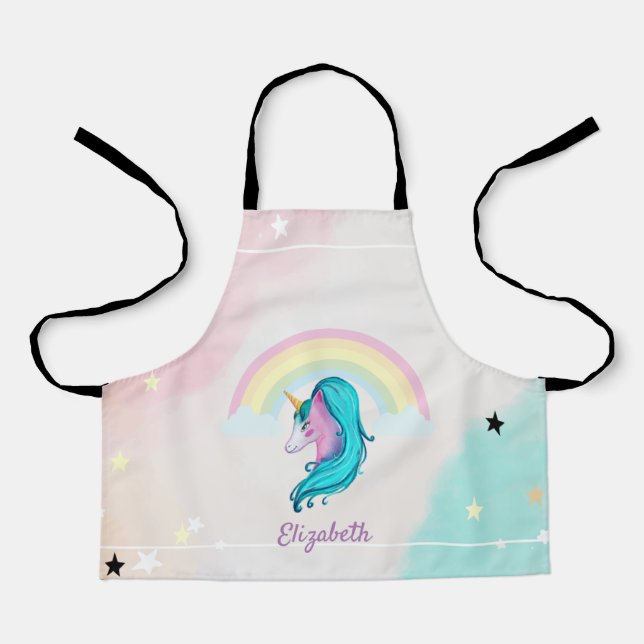 Magical Watercolor Unicorn, Rainbow, Stars Apron (Front)