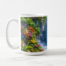 Magical Waterfall with Rainbow and Colourful Flowe