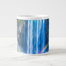 Magical Waterfall with Rainbow and Colourful Flowe